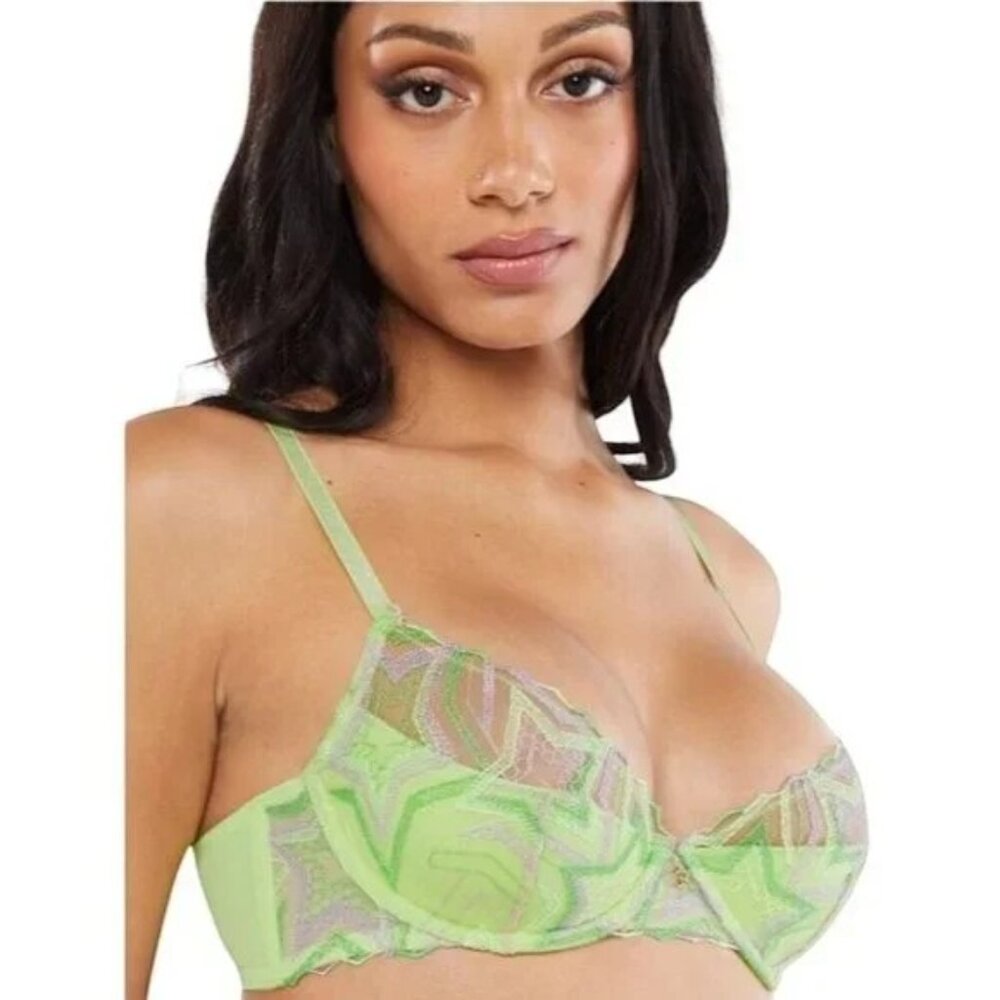 Savage X Fenty Lime Green Star Mesh Bra 32D Sheer Plunge - Picture 6 of 13
